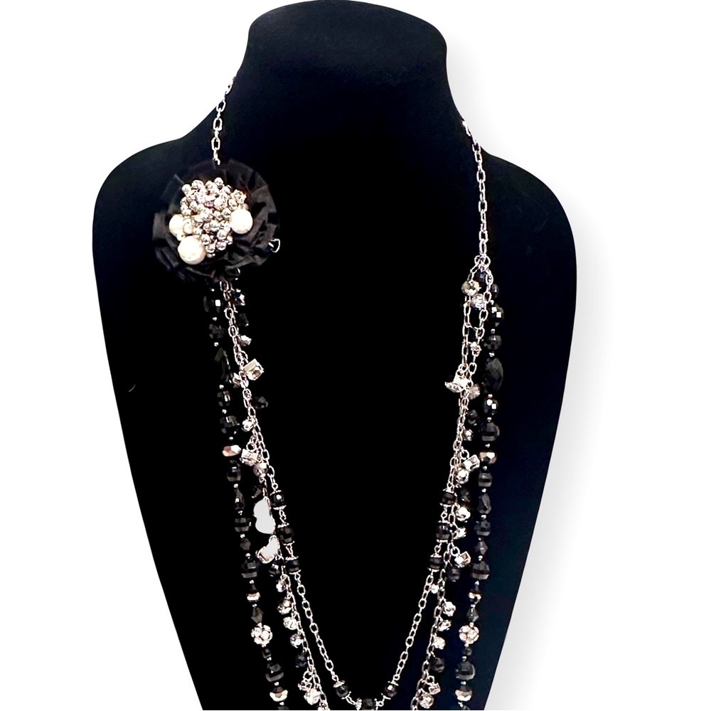 WHBM | Silver Convertible Black Bead & Pearl Necklace w Removable Brooch | NEW - Picture 2 of 12